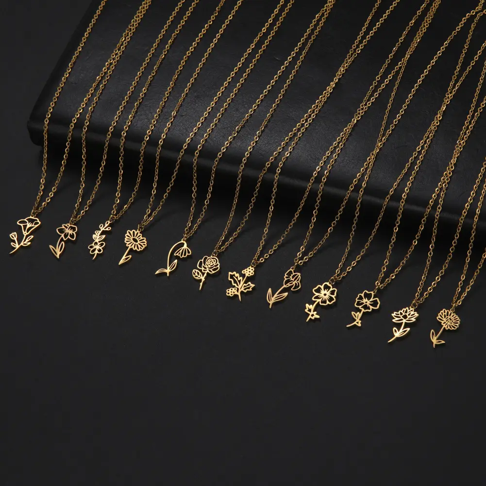 Wholesale Fashion Women Jewelry Birth Flower Necklace Gold Flower Necklace Stainless Steel Girls Jewelry