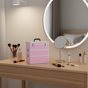 Trousse de maquillage rose en aluminium, grande capacité, portable, avec poignée souple et fermoirs, pour les essentiels de beauté - Product Image 2