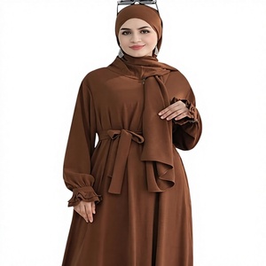 Women Brown <b>Abaya</b> Hijab Robe Long Sleeve Maxi Dress High Neck Solid Color Loose Fit Modest Daily Wear - Product Image 1