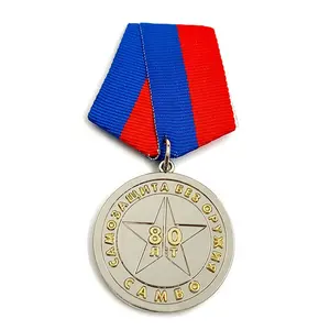 공장 맞춤형 짧은 웨빙 메달 메달 도금 메달 파란색과 빨간색 리본이 달린 아연 합금 금속