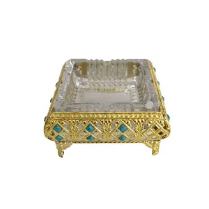 Cendrier portatif en métal doré et cristal, pour table intérieure, grande taille, en verre