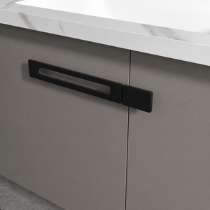 Meuble-lavabo mural moderne <span class=keywords><strong>gris</strong></span> taupe avec vasque en céramique monobloc et miroir ovale vertical noir - Product Image 5