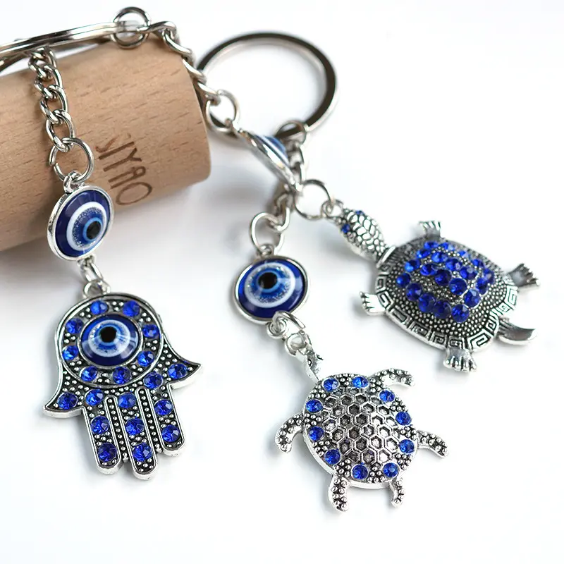 Cutie מזל עין צב כחול וכסף מפתח טבעת בלינג קריסטל Keychain עם תורכי תליית אביזרי מתנה עבור גברים & נשים