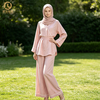 Ensemble deux pièces musulman rose poudré OEM, tenue modeste, haut kimono, pantalon large, broderie florale, robe de l'Aïd, tissu personnalisé