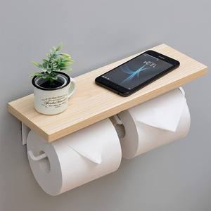 حامل مناديل مزدوج عصري للحمام، رف تخزين خشبي صلب يثبت على الحائط بدون ثقب - Product Image 2