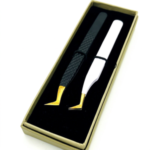 Pinzas para Extensión de Pestañas Rusas en Negro, Blanco y Dorado, de Acero Inoxidable Antimagnético, 10 mm de Longitud, Punta Lisa, Pinzas Profesionales - Product Image 1
