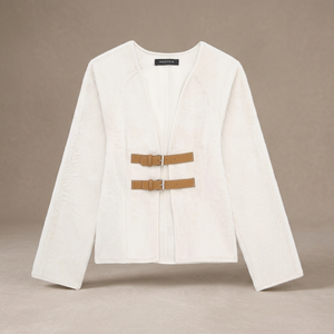 TRAFZA Retro Leather Buckle Woolen Coat Women's Fashion Solid V-Neck Long Sleeve Beige Autumn/Spring Chic Streetwear - Product Image 3