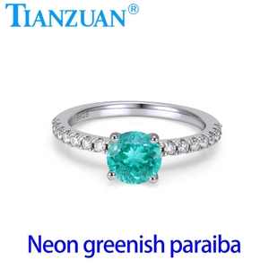 Anello con Tormalina Paraiba Blu Neon Verdeastro YAG Creato in Laboratorio, Rotonda 6.5mm, in Argento 925 con Fascia a Mezza Eternità in Moissanite, Gioiello - Product Image 2
