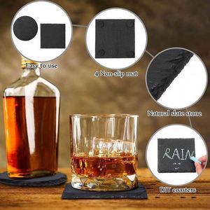 Custom logo Black Non-Slip Engraving Drink Slate Stone Bulk Coasters <b>Set</b> Wholesale Blank Promotion Gift Box With Holder - Product Image 3