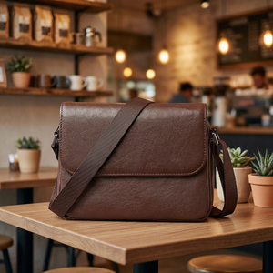Tas Selempang Kulit Asli Pria dengan Ritsleting Warna Coklat - Product Image 3