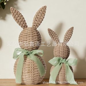 <b>Easter</b> Rabbit Decorations 2Pcs Plastic Woven Style Rustic Home Desktop <b>Ornaments</b> For Living Room - Product Image 2