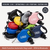 Tali Anjing Retraktil Multifungsi 10ft dengan Senter LED, Rem Satu Tombol, Tali Nilon, dan Tempat Kantong Kotoran untuk Jalan Malam