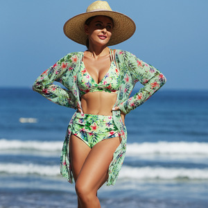 RUIQUWIN Ensemble de bikini floral 3 pièces grande taille pour femme, maillot de bain string taille haute avec cache-maillot en résille, push-up sexy, tenue de plage, vente en gros - Product Image 3