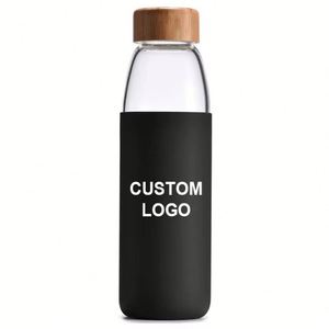 New Eco-friendly Reusable Gym Outdoor Sport <b>Drinking</b> Glass Water Bottle With Protective Silicone Sleeve and Bamboo Lid - Product Image 1