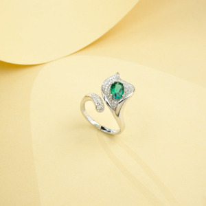 Lab Created <b>Emerald</b> <b>Ring</b> 925 Sterling <b>Silver</b> Leaf Shape Open Adjustable <b>Ring</b> with Moissanite Accents for Women K - Product Image 3