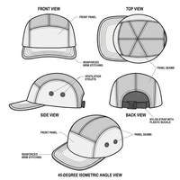 Casquette de campinguriste personnalisée à 5 panneaux, aspect denim délavé vintage, panneaux latéraux contrastants, visière effilochée, broderie 3D en relief, GRS Premium