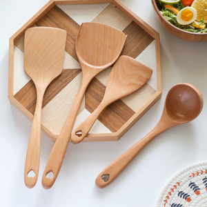 Beech Wood Spatula And Spoon Set 4 Pieces Kitchen Cooking Utensils For Wok And Soup - Product Image 1
