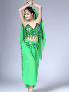 Ensemble de danse <span class=keywords><strong>orientale</strong></span> indienne 3 pièces pour <span class=keywords><strong>femme</strong></span> : Crop top en mousseline à col en V et à sequins, <span class=keywords><strong>pantalon</strong></span> à motifs de pièces de monnaie et voile - Product Image 2