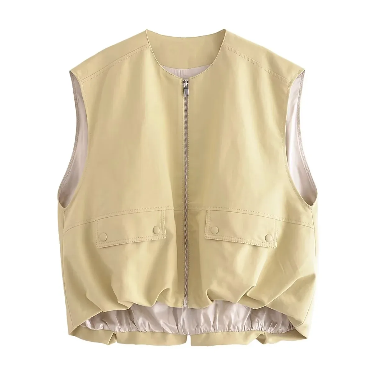 KAOPU ZA Women with pockets front zipper waistcoat vintage sleeveless gathered hem female outerwear chic vest tops