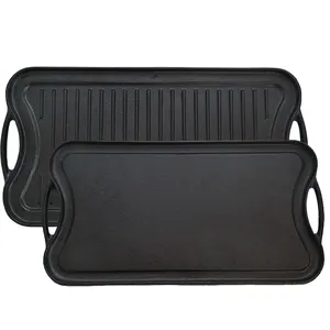 Utensilios de cocina de hierro fundido para exterior, sartén plana Rectangular de doble cara, Reversible, para asar barbacoa