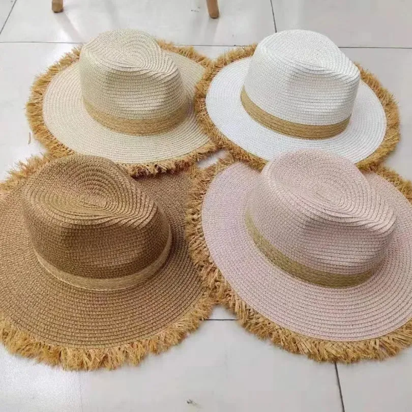 Sombrero de paja con bordes deshilachados para playa, sombrero de paja de rafia Panamá para verano, Color Natural, ala ancha, venta al por mayor