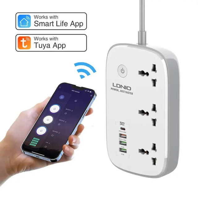 LDNIO Sockets SCW3451 Power Strips with 3 USB-A 1 USB-C Port 3 Outlets WiFi Smart Home Control UK Extension Socket