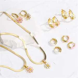 Enanmel Jewelry Set Pink Daisy Ear Buckle White Chrysanthemum Necklace For Women