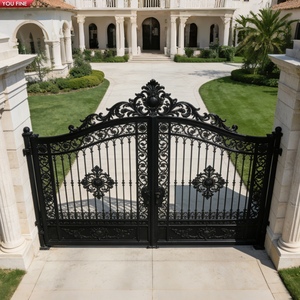 Portail double en fer forgé noir orné YOUFINE pour villa de luxe, propriété résidentielle, décoratif - Product Image 1