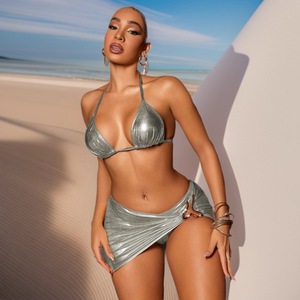 Costume da bagno a triangolo da donna 2026, lussuoso set bikini a 3 pezzi con glitter, sexy abbigliamento da spiaggia, tinta unita - Product Image 1