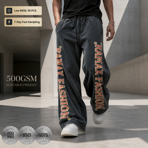 Pantalon de survêtement vintage délavé pour homme, avec impression de lettres verticales personnalisées sur le côté, cordon de serrage, coupe large, style hip-hop streetwear, pantalon décontracté pour homme - Product Image 1