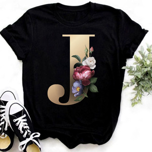 <span class=keywords><strong>T</strong></span>-shirt da Donna Personalizzata con Combinazione di Lettere, Casual, Nera, Manica Corta, con Stampa di Lettere e Fiori B <span class=keywords><strong>C</strong></span> D E F G - Product Image 5