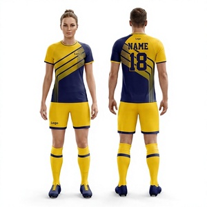 Ensemble d'uniformes de football personnalisés jaune et bleu marine à rayures, maillot et short sublimés, unisexe adulte, toutes saisons, anti-humidité, coupe athlétique - Product Image 1
