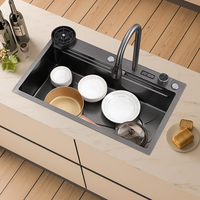 Évier de cuisine intelligent en acier inoxydable 304 de couleur noire avec affichage numérique, cascade de pluie, lave-gobelets pour la maison