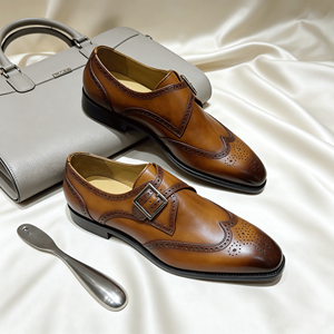 Classic British Style <strong>Men's</strong> <strong>Tan</strong> Single Monk Strap Shoes Wingtip <strong>Brogue</strong> Genuine Leather Dress Shoes Design OEM/ODM Available - Product Image 4