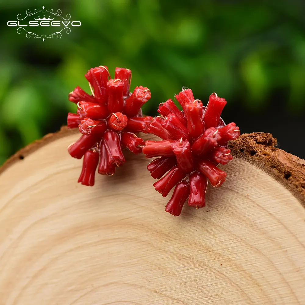 Handmade Natural Red Sea Bamboo Coral 925 Sterling Silver Stud Earrings For Women Wedding Party Luxury Jewellery