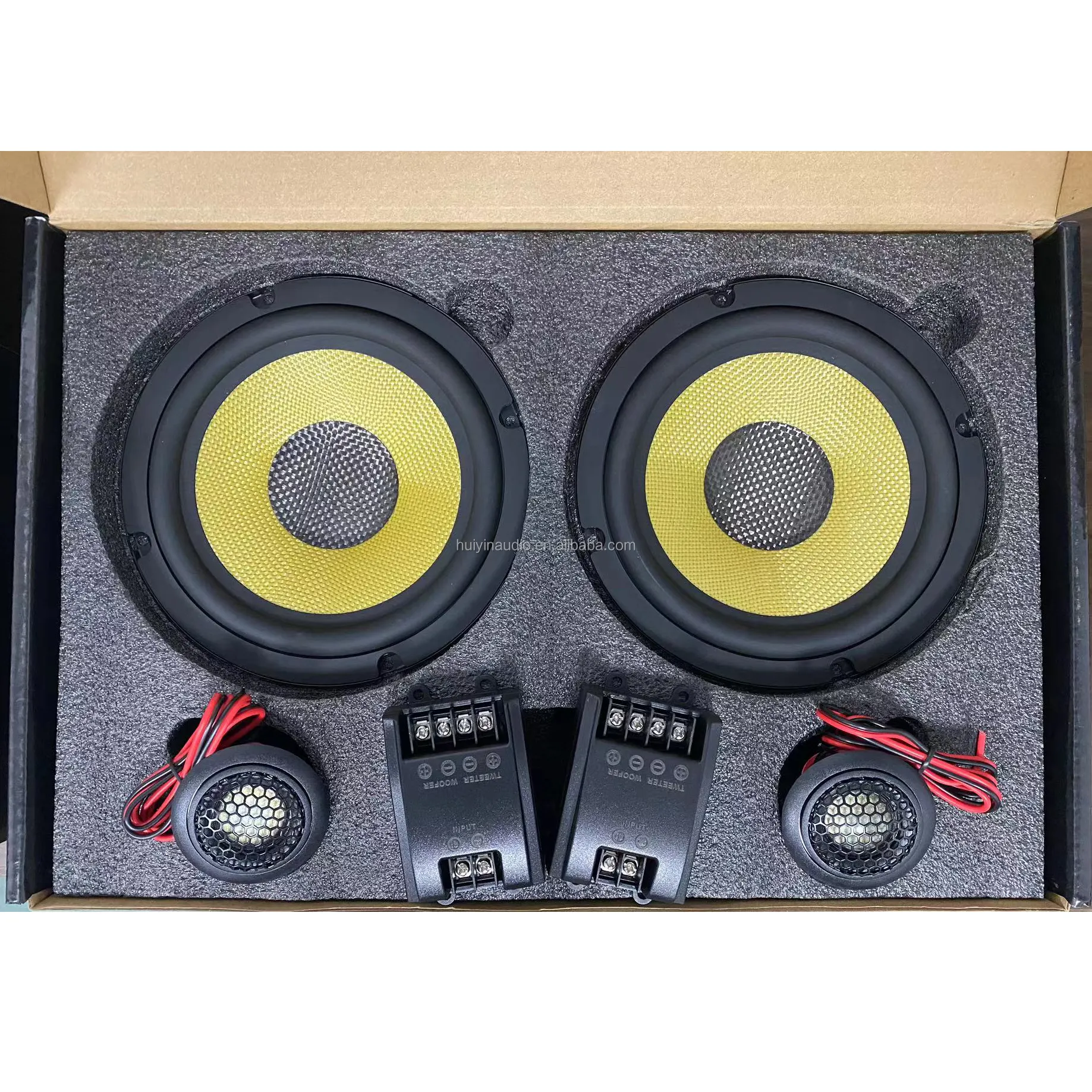 Speaker Mobil 635-131T harga rendah 6.5 inci seluruh Set driver Bass menengah kuning dengan 2 Crossover Audio dan 2 Speaker dan 2 tweeter