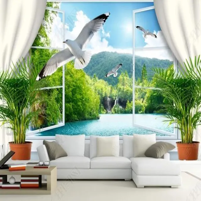 Custom 3D Wall Mural Wallpaper Home Decor Green Mountain Waterfall Nature Landscape