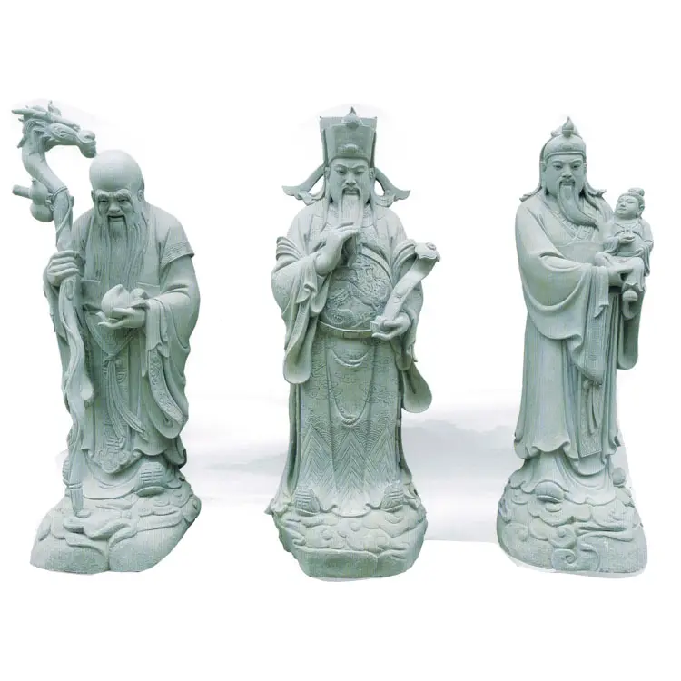 Chinese Large Stone Carving Outdoor Ancient Fortune God Figures Sculpture Fu Lu Shou Three Lucky Stars Longevity Old Man Statues