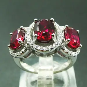 Genuine Natural Ruby Three Stone Ring in Sterling Silver Fine Gemstone Jewelry Women Wedding Rings