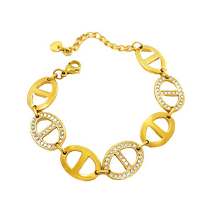 Pulsera de circonita con diseño de nariz de cerdo para mujer, brazalete de acero inoxidable chapado en oro real de 18 quilates con pavé de un solo lado, sencilla, a la moda y que no se deslustra - Product Image 6