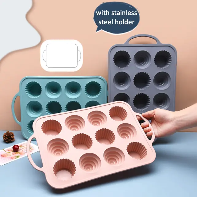 Yeni pişirme araçları yaratıcı farklı şekiller 12 delikli silikon kek tava paslanmaz çelik tutucu ile Muffin kek silikon kalıp