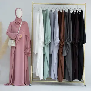 Nieuwe Moslim Dameskleding Uit Het Midden-Oosten, Arabische Islamitische Traditionele Dubai Kalkoen Effen Kleur Abaya-Jurk Met Vleermuis En Mouw Met Hijab