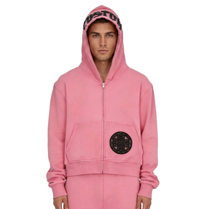 Sweat-shirt rose pour homme avec fermeture éclair, logo brodé, poche avant, coupe décontractée oversize, manches classiques, en coton French Terry - Product Image 1