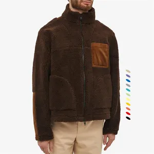 Custom funnel neck shearling sherpa pile fleece jacket with corduroy patch