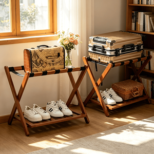Support à bagages <span class=keywords><strong>pliable</strong></span> en bambou Addreen Premium avec étagère inférieure, lot de 2, pour chambre d'hôtel, chambre à coucher, rangement à domicile - Product Image 2