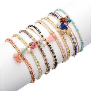 Bracelet boho perles carrées avec pompon pour femmes, bijou ajustable, mignon, en verre, cristal, coloré, petite perle