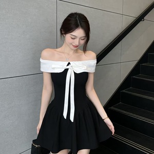 Off-Shoulder Dress Black White Contrast Color Bow Tie A-Line Casual Daily Wear - Product Image 3