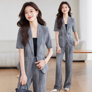 Women's Short Sleeve Blazer Suit Set Cotton Linen Blend Breathable Summer Casual Professional Gray Solid Color 3D Tailoring - Product Image 1