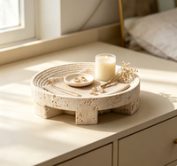 Plateau de rangement rond en travertin naturel fait main, style Wabi Sabi, pour la décoration intérieure
