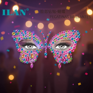 Adesivi per il viso con strass Ilan, design a farfalla, trucco glitterato colorato per feste e festival - Product Image 2